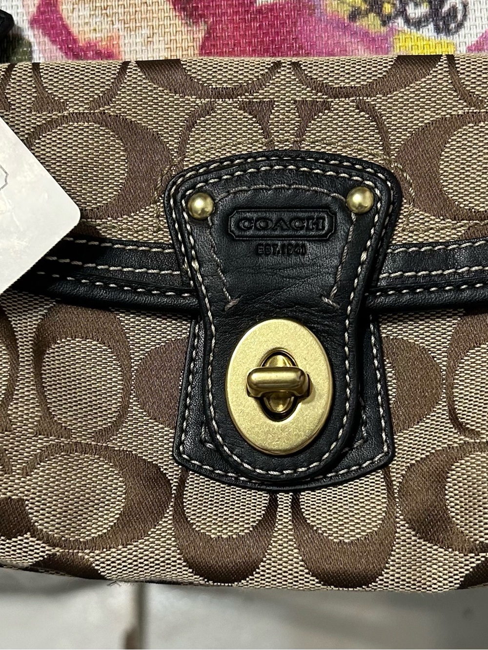 Coach Brown Signature Canvas Wristlet with Black Trim and Gold Hardware